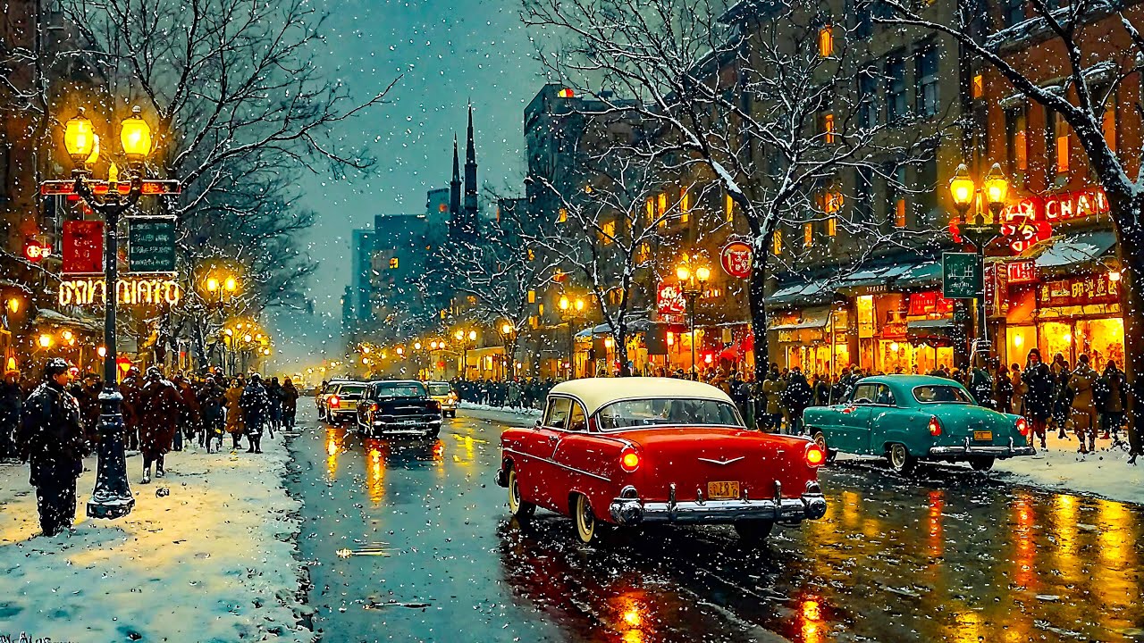 Trip to 1950s Winter Café near the Cinema | Nostalgic Vintage Songs | Sinatra, Nat King Cole
