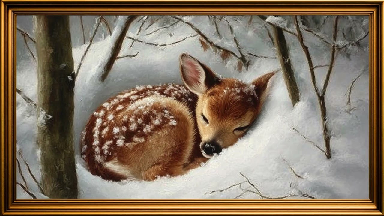 Baby Deer in the Snow for Smart TV | Gold frame tv | screensaver 