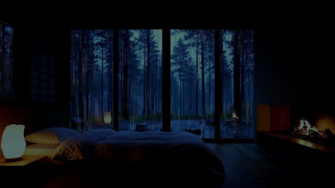 NO ADS 3 Hours | Rain Against Glass & Fireplace at Cozy Bedroom Nook 🌧️💤 Sleep & Relax
