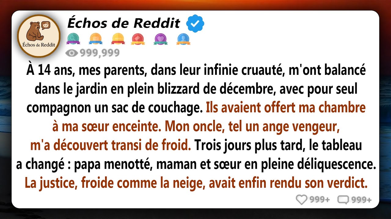 À 14 ans, mes parents m'ont mis dehors dans le jardin en plein blizzard de décembre, avec seulement