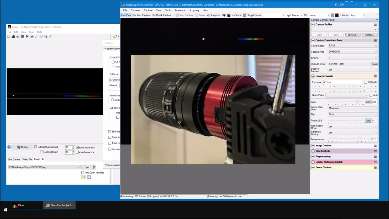 48. The SharpCap Bridge: Capturing the image star's spectrum with SharpCap and RSpec.