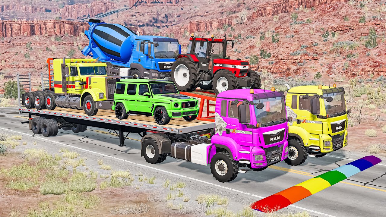 TRANSPORTING PIXAR CARS & FRUITS WITH COLORED & JOHN DEERE vs CLAAS vs TRACTORS - BeamNG.drive #962
