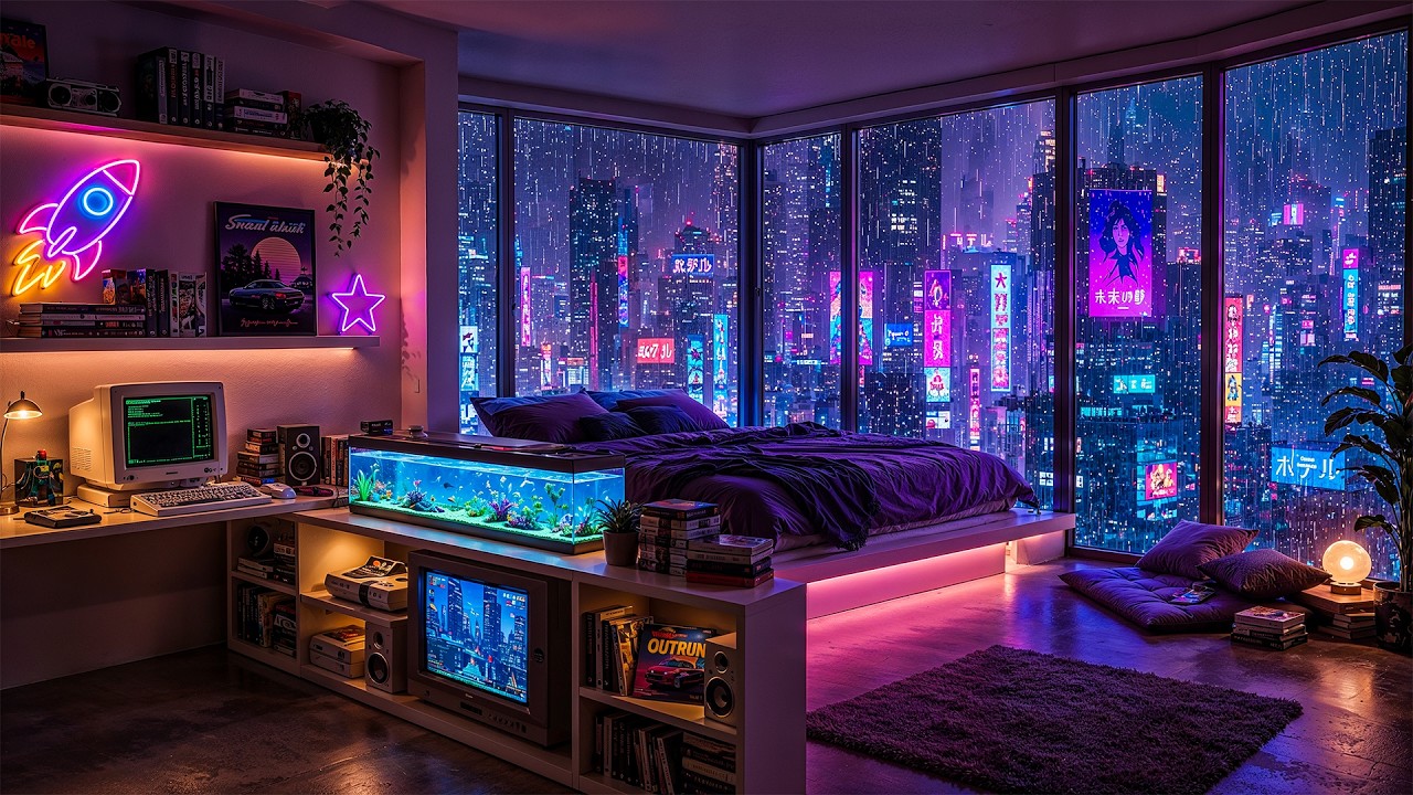 Rainy Tokyo Neon Bedroom 🌧️💜 Cyber Room Lofi Beats for Sleep, Focus & Relaxation