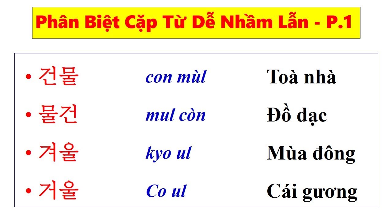 PHÂN BIỆT NHỮNG CẶP TỪ TIẾNG HÀN DỄ NHẦM LẪN - PHẦN 1