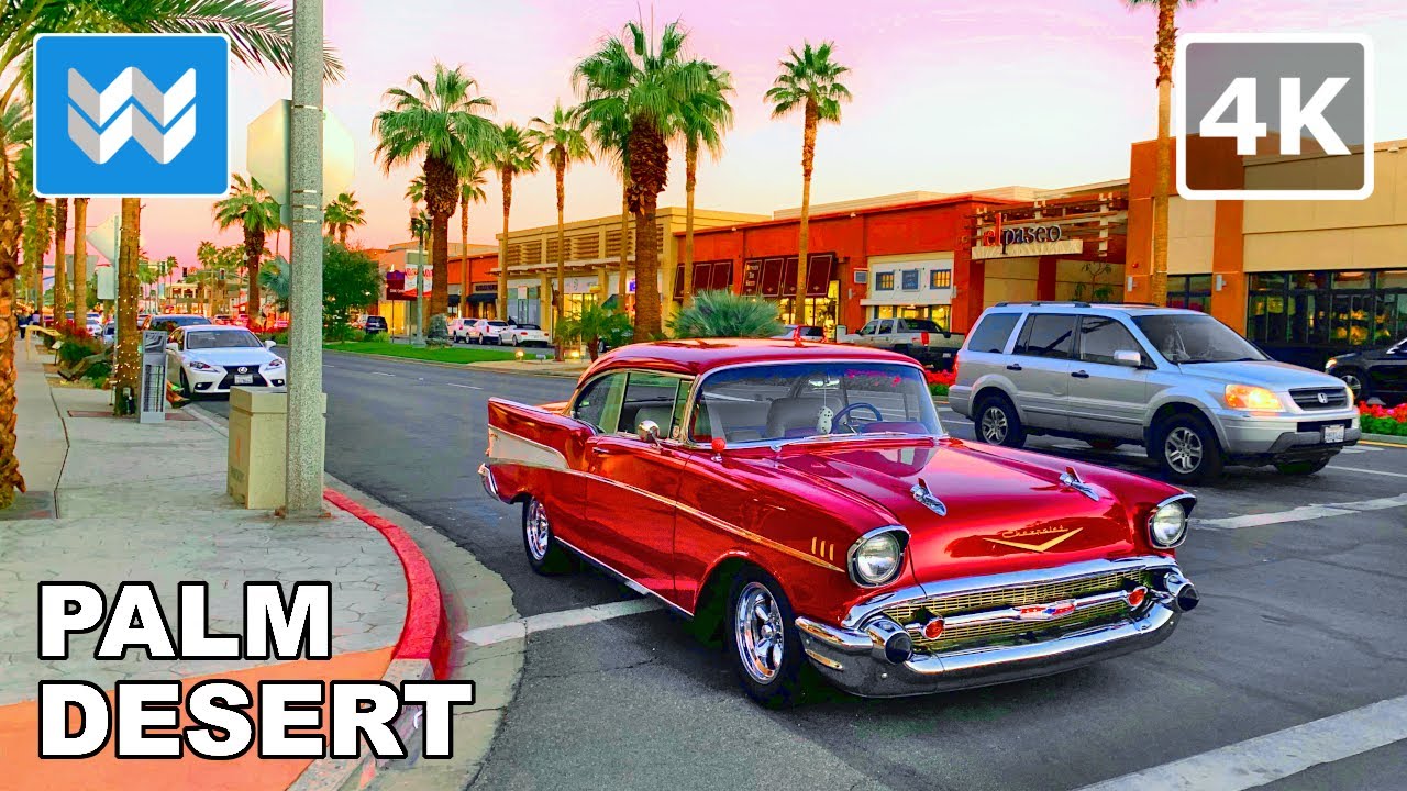 [4K] El Paseo in Palm Desert, California - Sunset Walking Tour - Classic Vintage Cars Driving