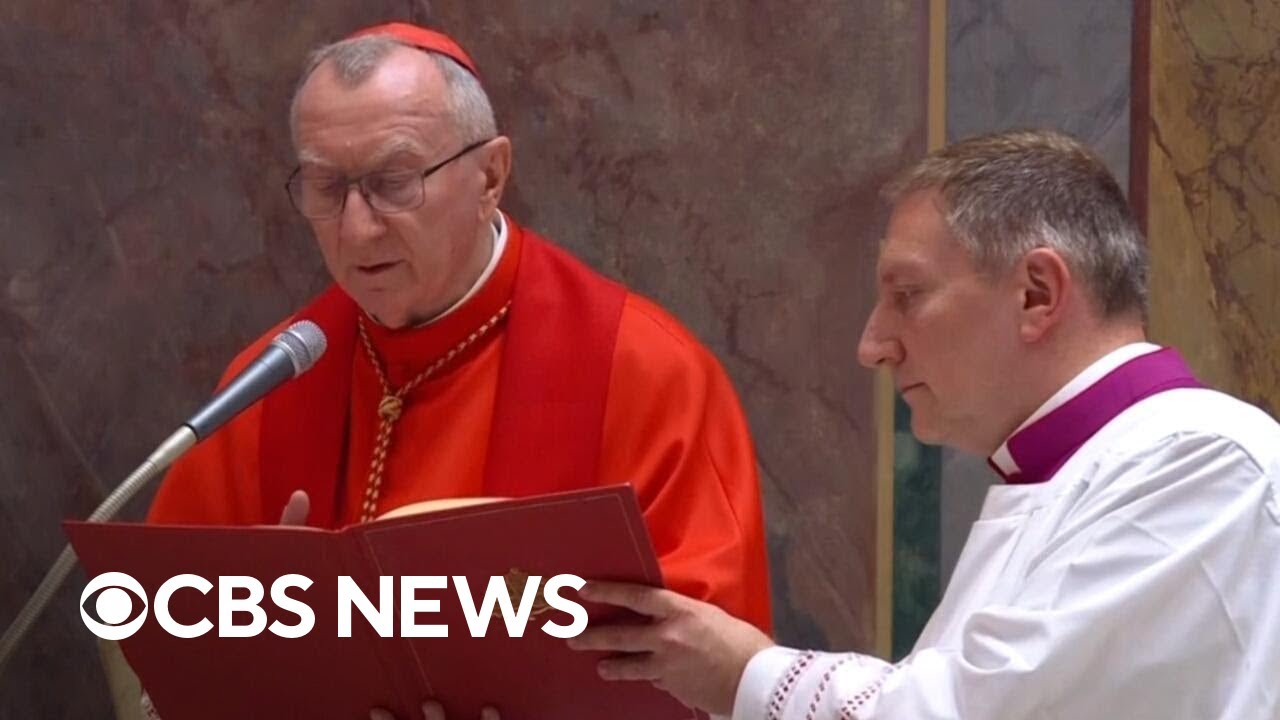 Cardinal Pietro Parolin leads prayer before procession into Sistine Chapel