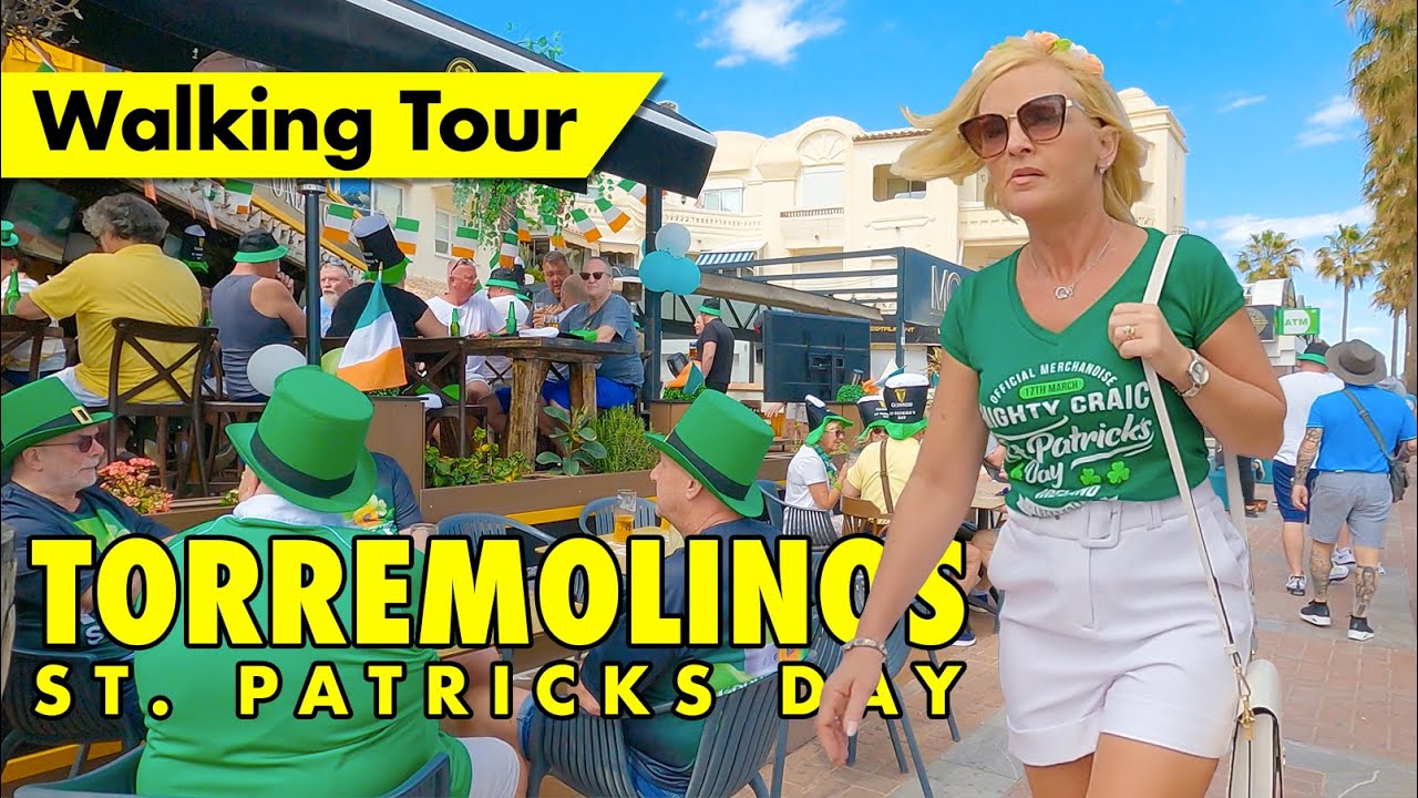 Torremolinos beachfront walk - St. Patricks Day 2023 - Costa del Sol, Spain 4K virtual tour
