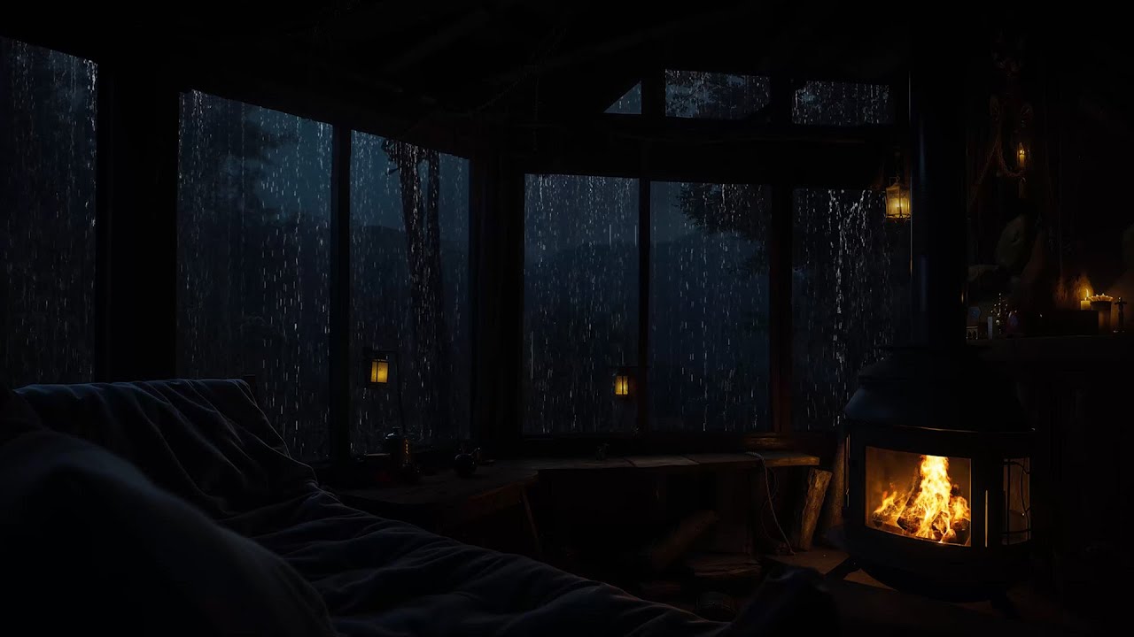 Rain Sounds in Cozy Cabin for Sleeping | Cabin night with Fireplace Ambience