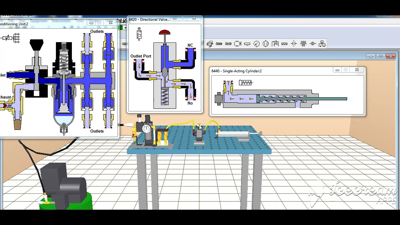 Lab Volt pneumatic simulation - 3D cross section content of pneumatic circuit تخيل اجزاء النيوماتيك