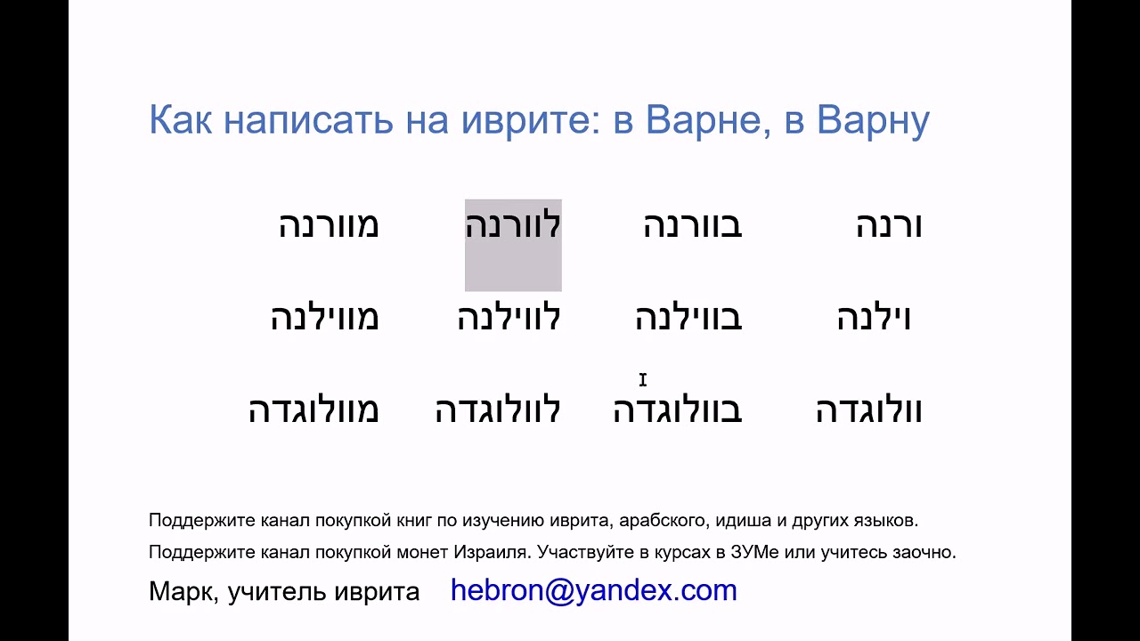 2058 Как написать на иврите: Варна, в Варну. Буква ВАВ, передающая звук В, в начале и середине слова