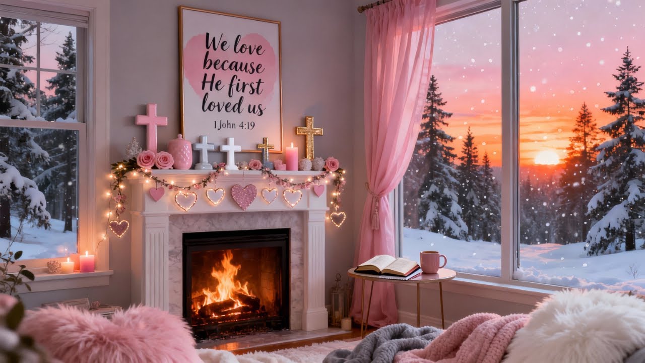 💗✝️ Pink Christian Valentine’s Day Ambience ✨ Jesus Is Love 💕 Cozy Fireplace  & Healing Sleep Music