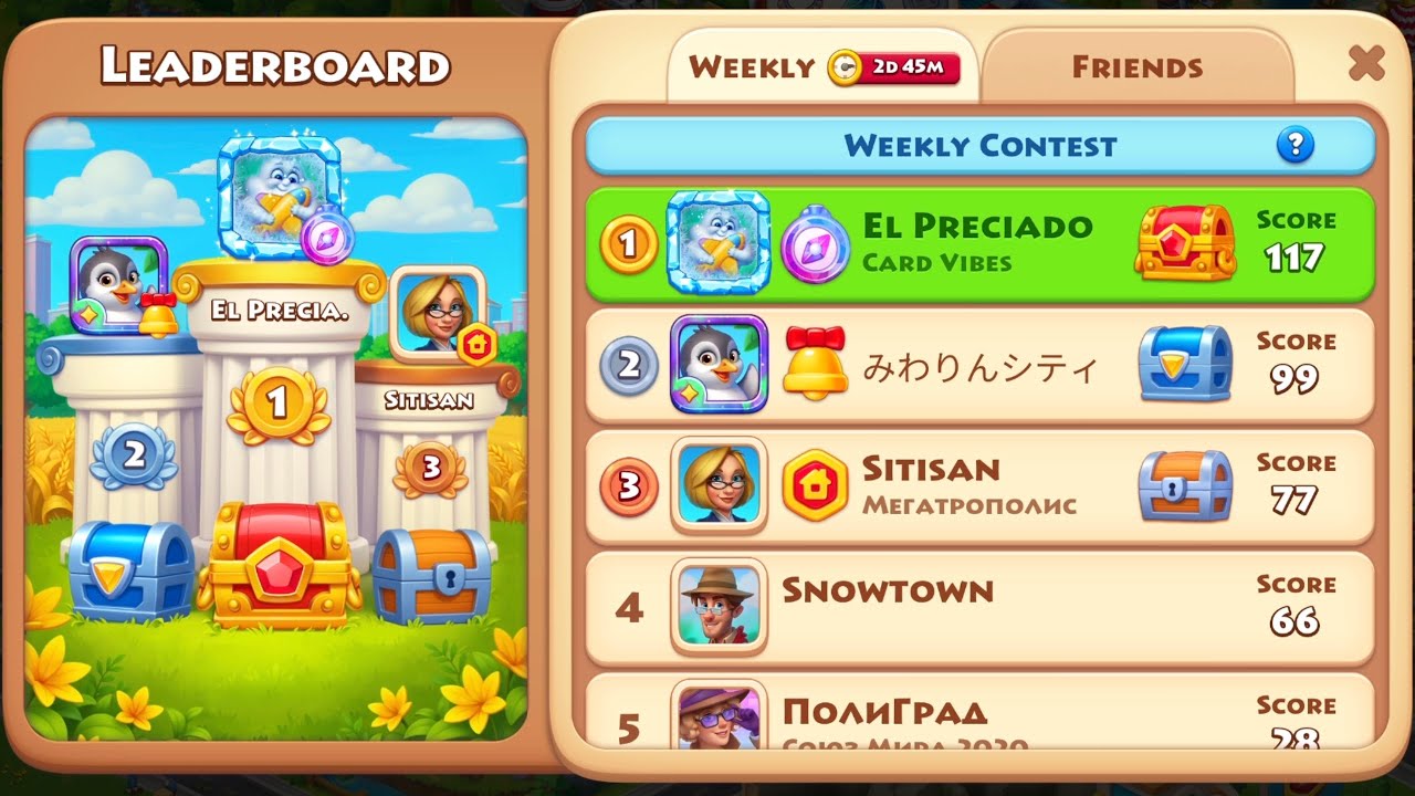 Lots of Match 3. Card chasing. Will defend the Weekly Contest. Earning tokens for Frozen Fortune.