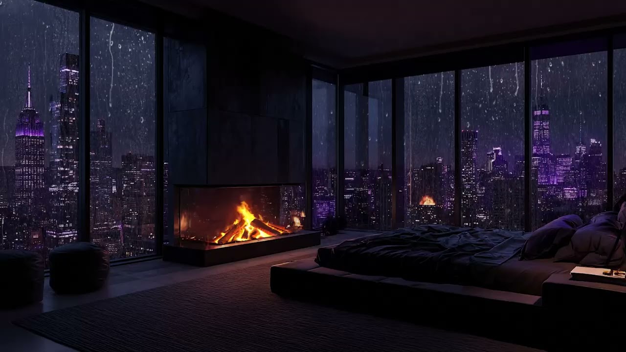 City Rain in the Quiet Night 🌙 | Slow Piano Fireplace for Relaxation & Focus