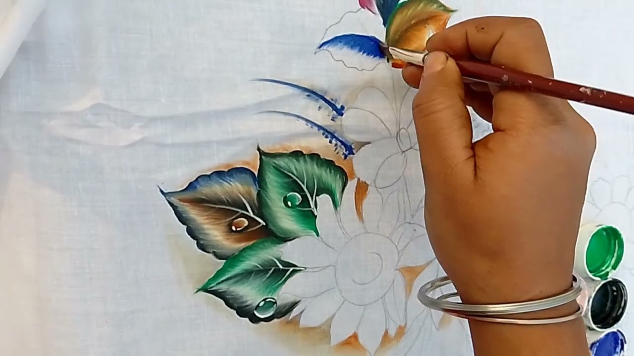 #beautiful👉💞  acrylic clothes  leaf painting tutorial  paint bedsheet  parda takiya Paint ✨👍👍