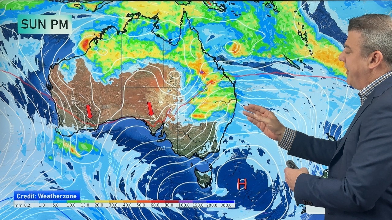 Oz: Big high in the south, rain & thunderstorms through Qld & the top half of the nation (13/2/26)