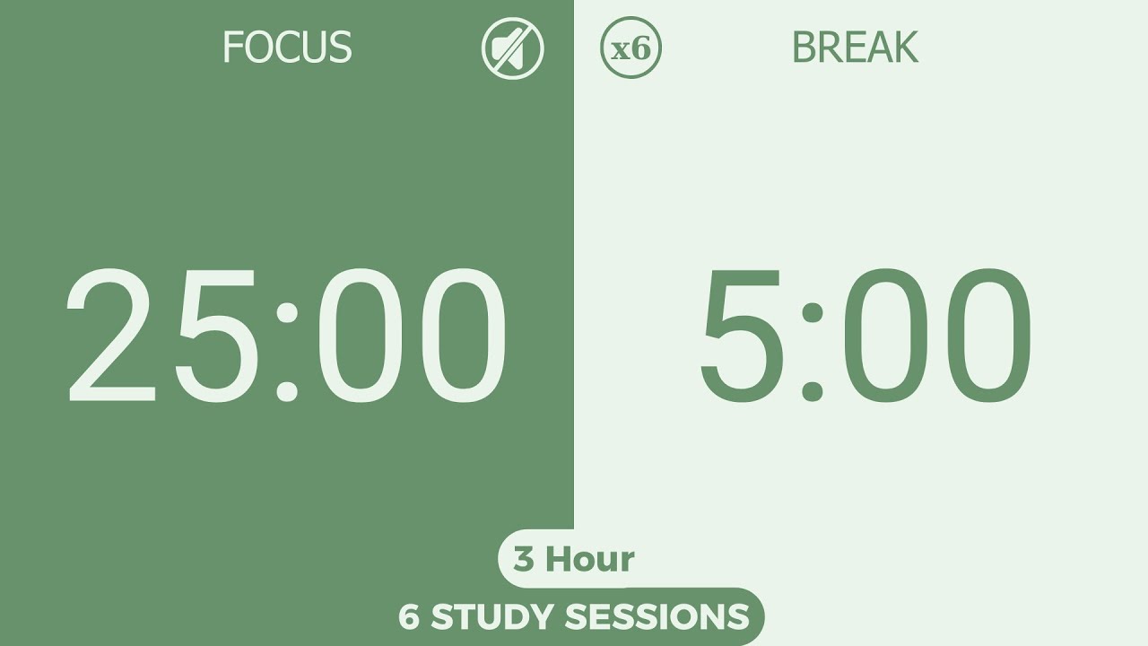 3-Hour Silent Pomodoro Timer (6x25/5) | No Music | Study, Focus, Work, ADHD