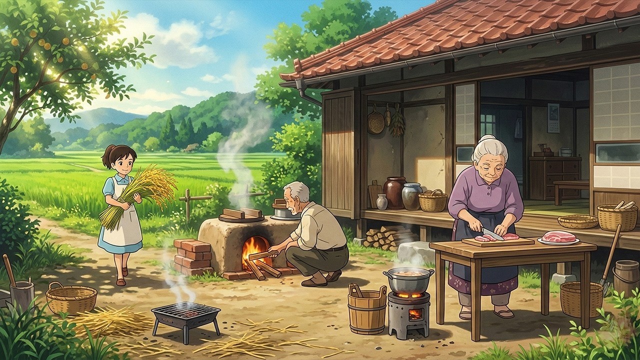 Buying & Smoke Out Fresh Pork  A Slow Day in the Village   Cooking ASMR   Ghibli Style Video