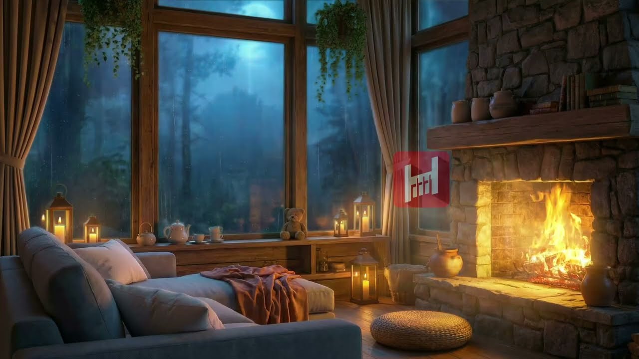 Rainy Night by the Fireplace Cozy Cabin Ambience with Crackling Fire & Rain Sounds Deep Sleep Relax