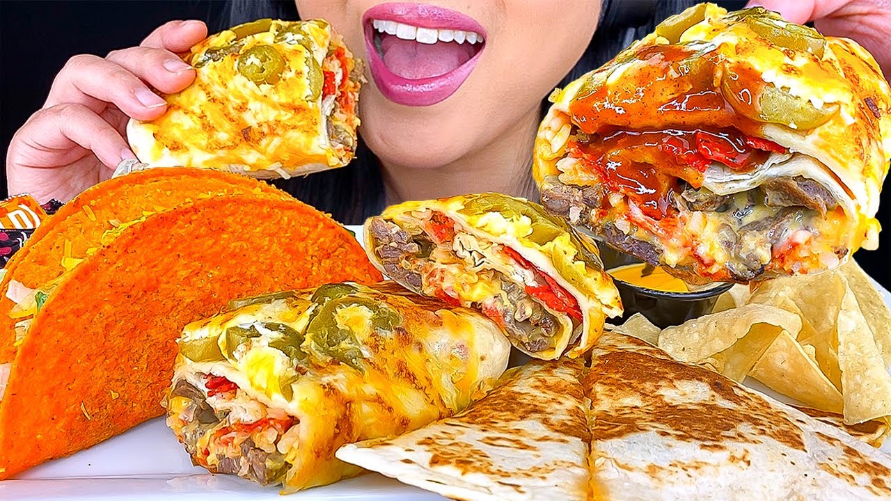 ASMR SPICY STEAK BURRITO, QUESADILLA & CRUNCHY TACOS (Eating Sounds) ASMR Phan