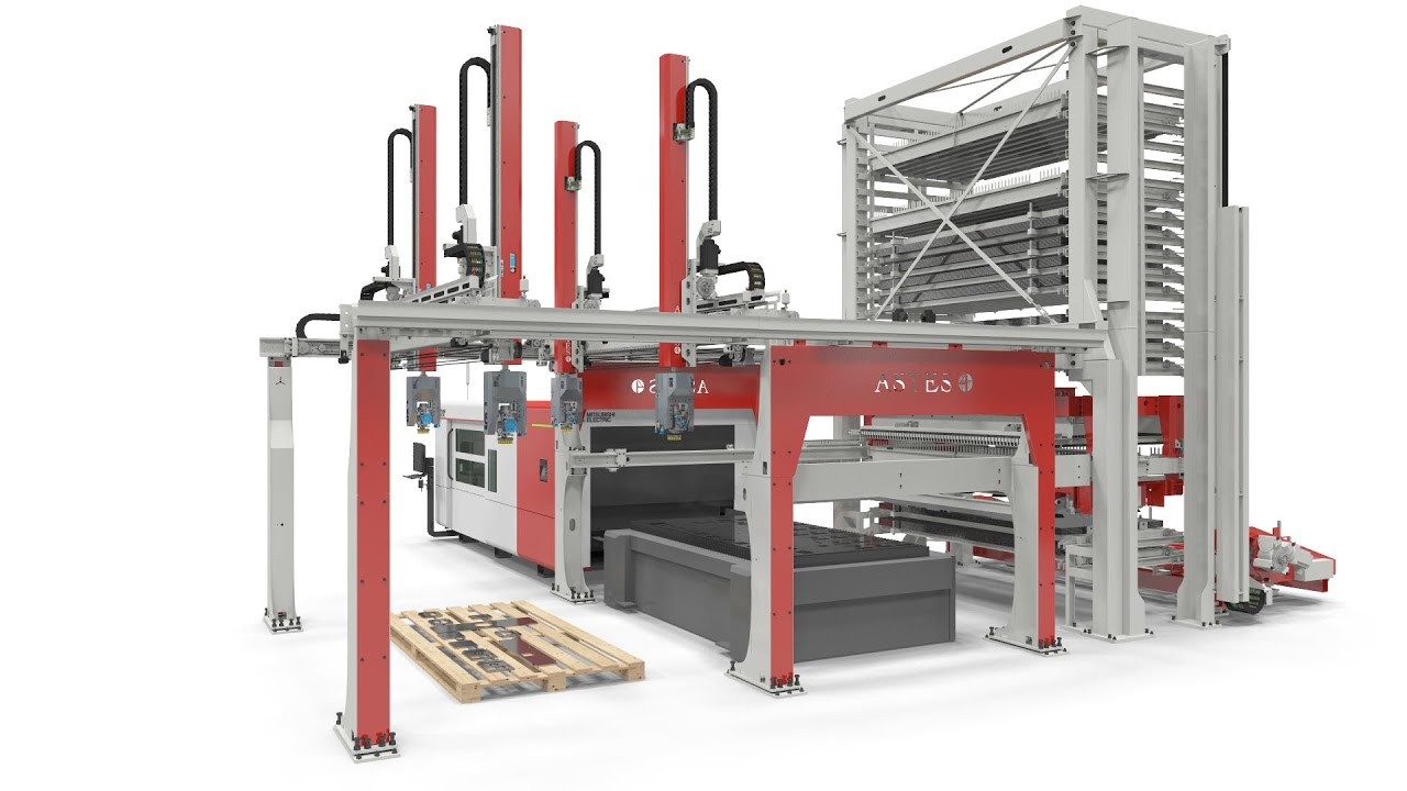 Taglio laser Mitsubishi e stoccaggio lamiere Astes4 - Animazione 3D