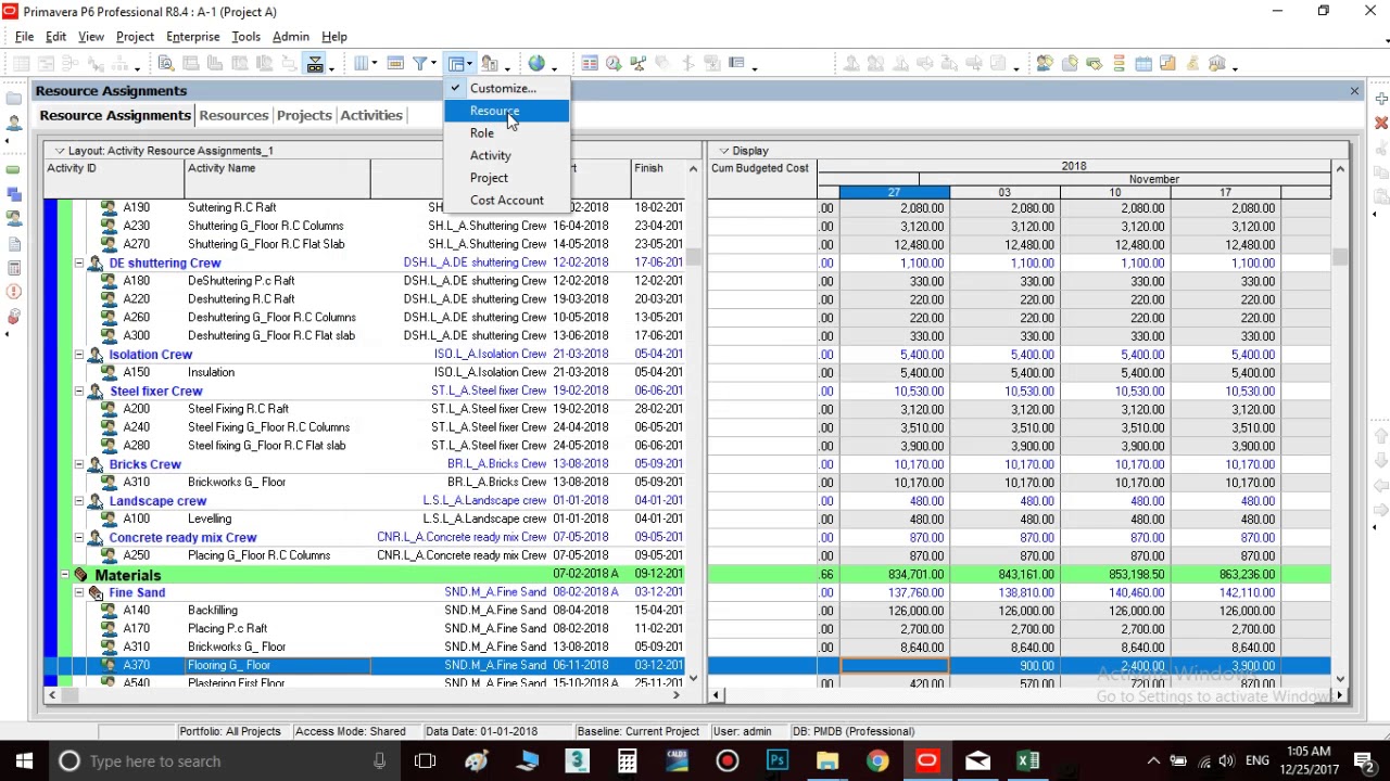 Resource Assignment Spreadsheet Primavera P6
