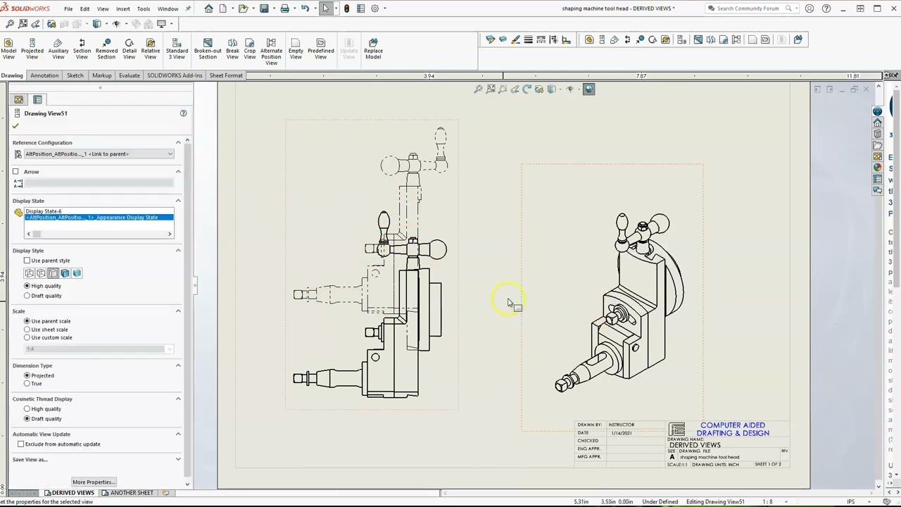 SolidWorks: Drawings Derived Views - Alternate Position View
