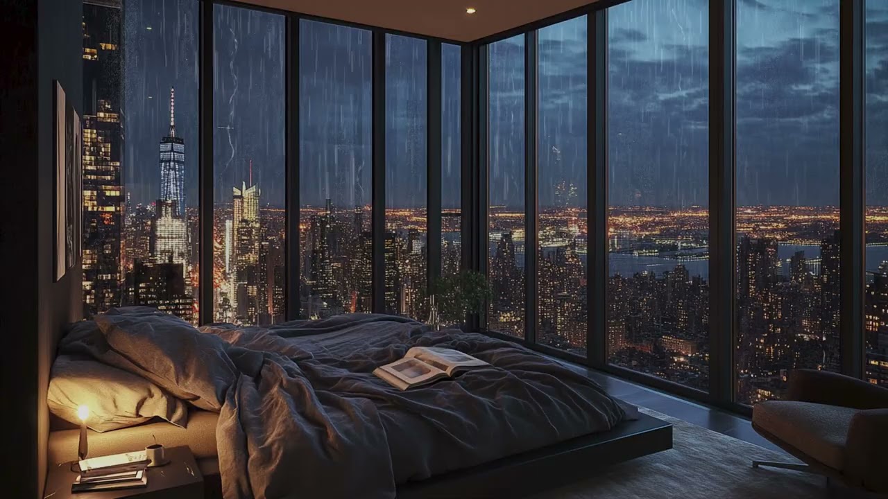Luxury High-Rise Bedroom | Rainy Night with Soft Piano Music