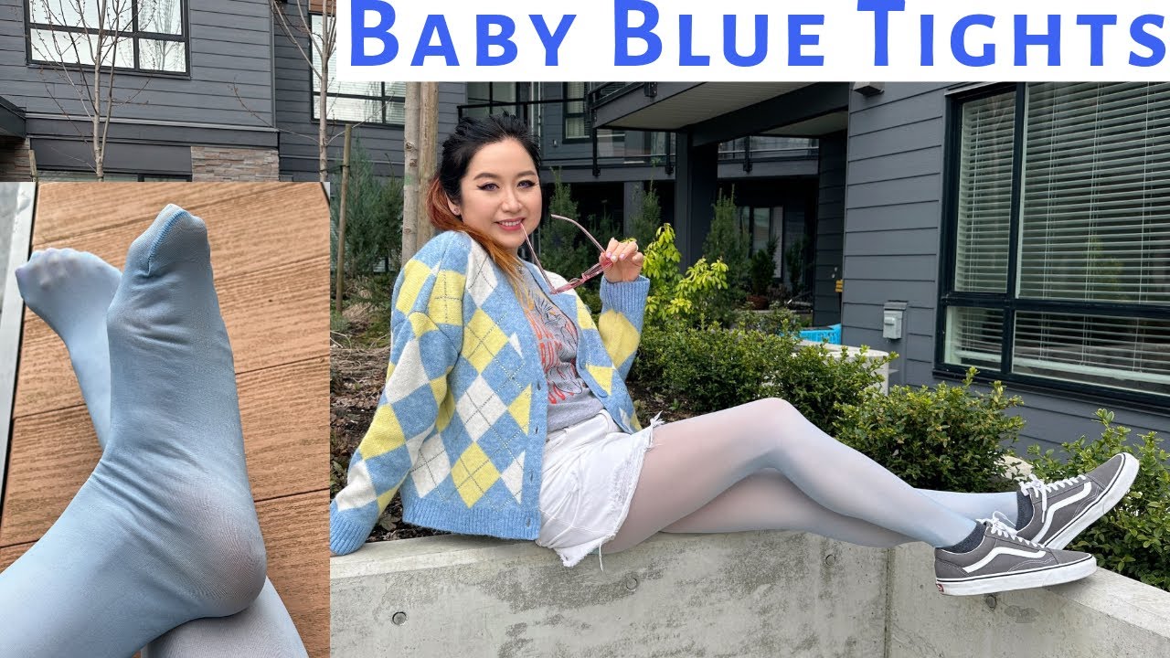 Blue Pantyhose Tights Review, Sheertex Nylons Stockings Legs Feet Reinforced Toes Girl Fashion Model