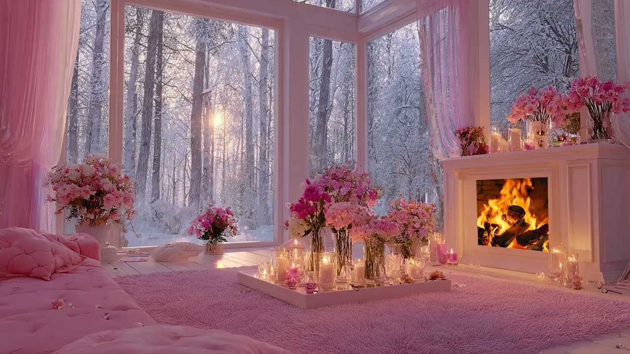 Romantic Cozy Snowy Winter Cabin with Fireplace Sounds for Deep Calm Sleep
