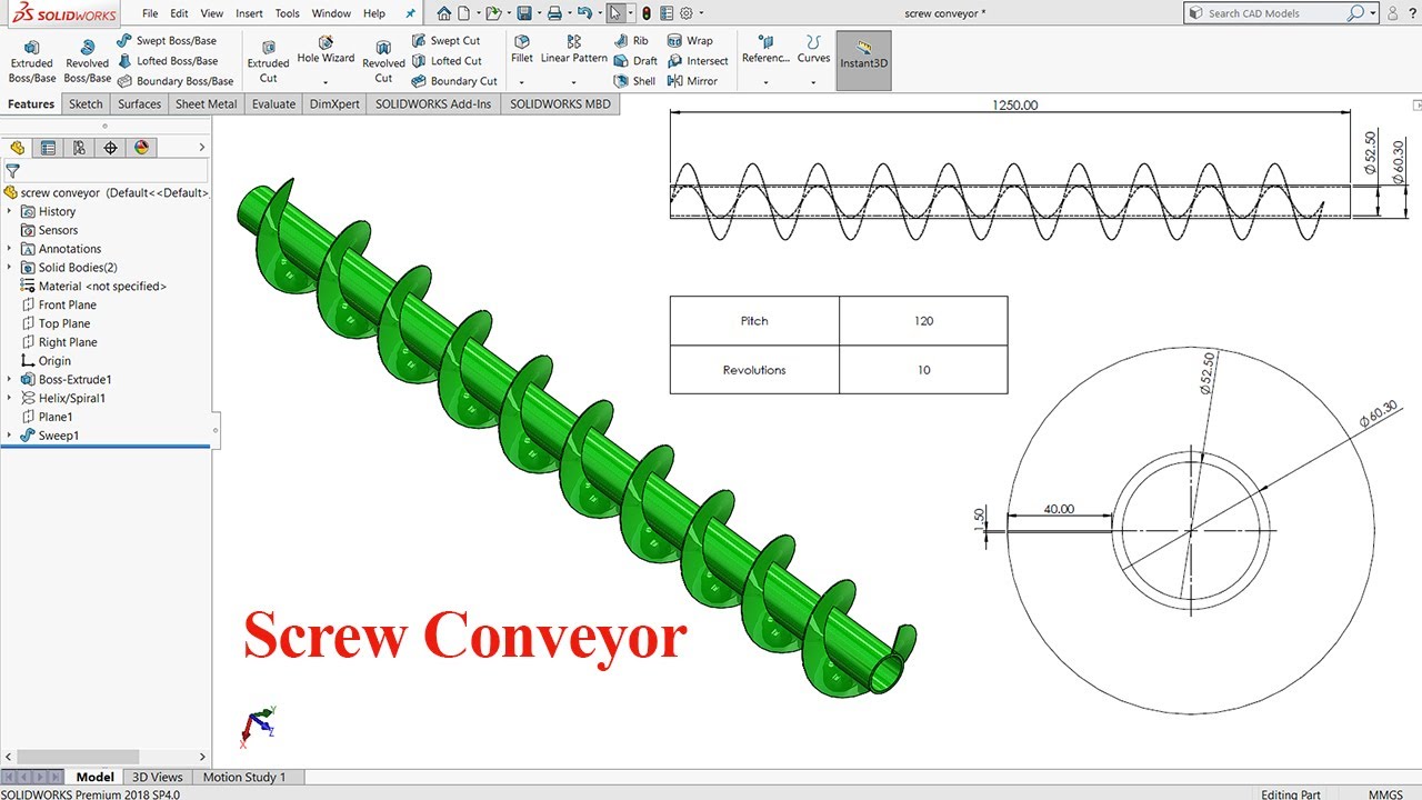 Screw Conveyor Design | Solidworks Beginners Tutorial | Exercise No. 95