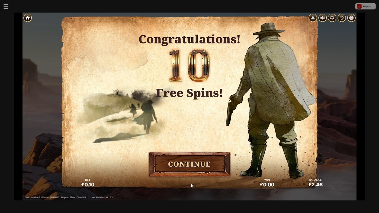 Bonus 10 Free Spins in Dead or Alive 3: Wanted 10p per spin