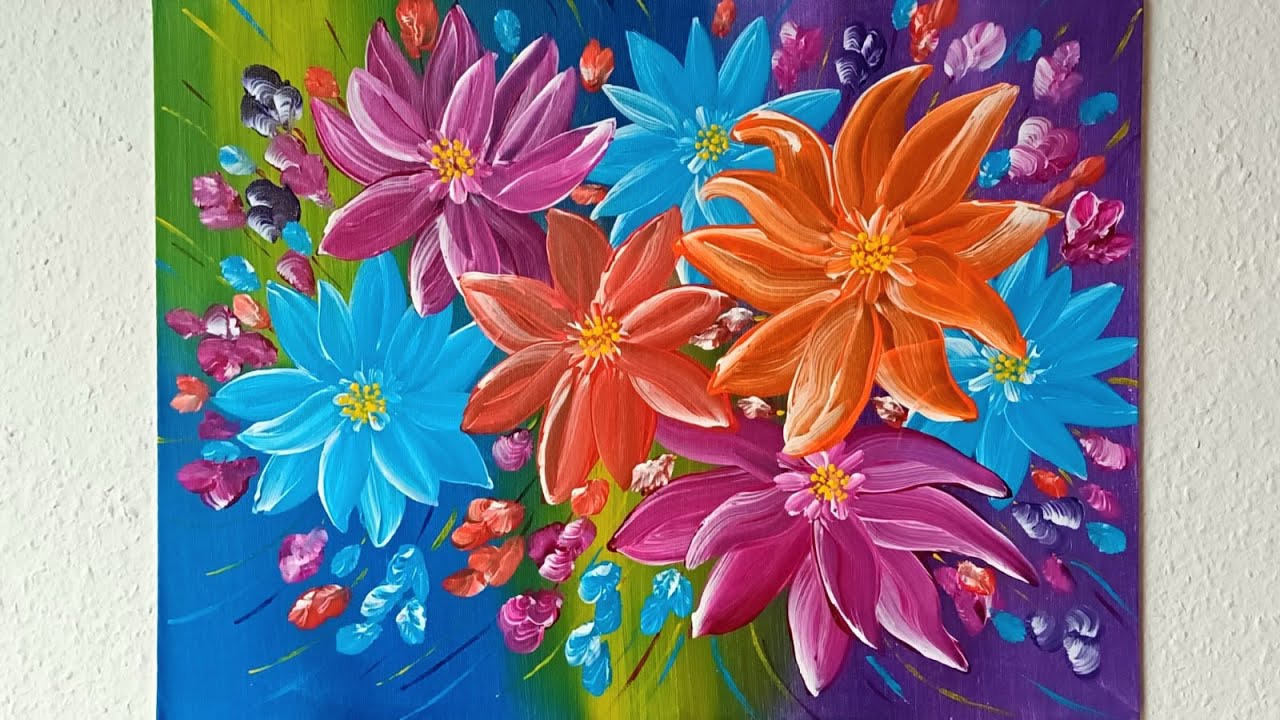 Bunte Blumen Malen Acrylfarben für Anfänger Colorful Flowers Acrylic Painting Step by Step Beginners