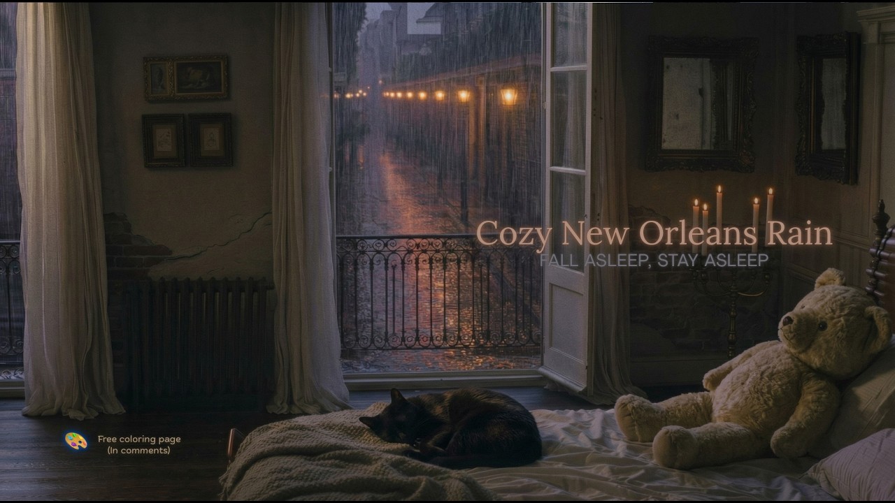 Cozy French Quarter Bedroom and Sleeping Cat | Rain & Occasional Thunder | Deep Sleep (8 Hours)