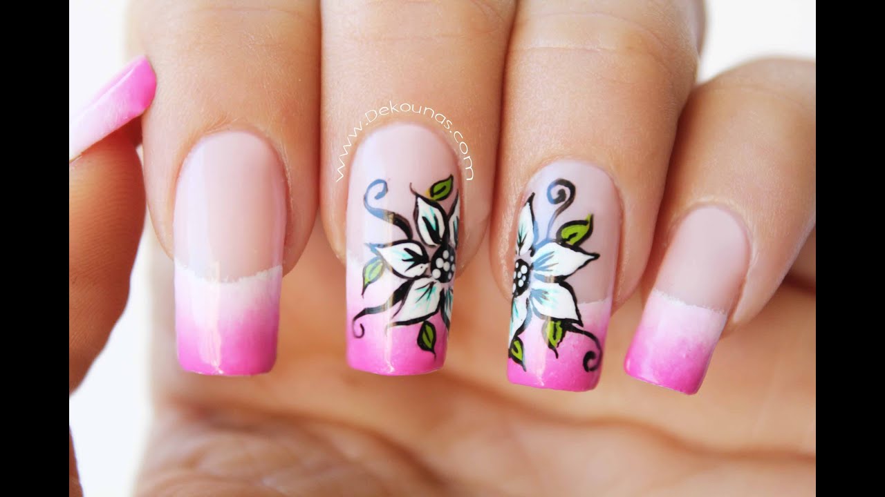 Decoración de uñas flores sobre degradado - Flower nail art