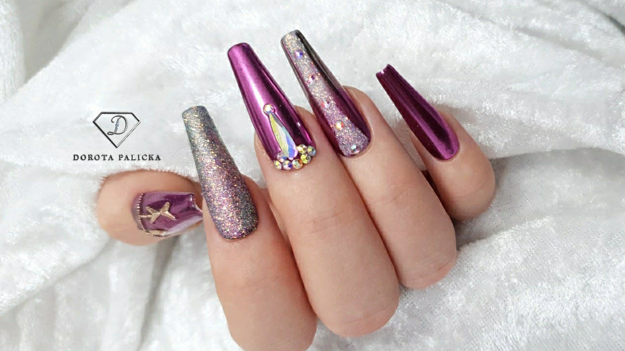 Pink chrome nails with sugar and crystals nail art