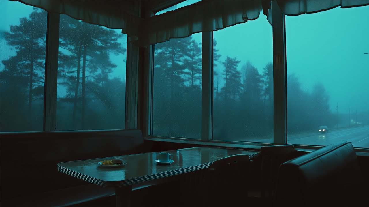 Relaxing Blue Hour Rain From A Small Town Diner🌧️Calm Rain Ambience For Reading, Sleeping, Etc.