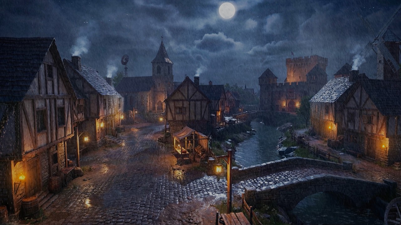 Peaceful Village Medieval Ambience | Best Rain in the Village at Night | Sleep Deeply w/ Rain Sounds