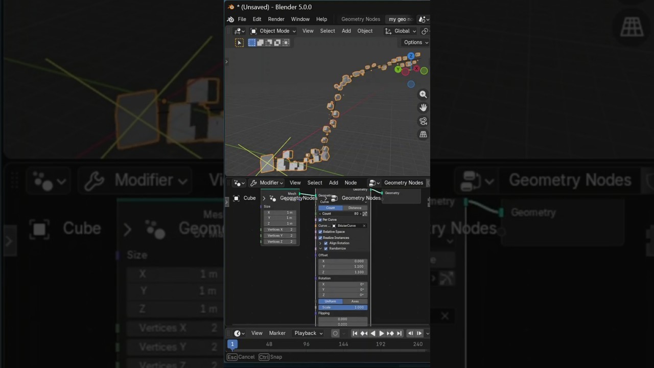 array 1d how to create multiple object in Blender geometry node along a curve 