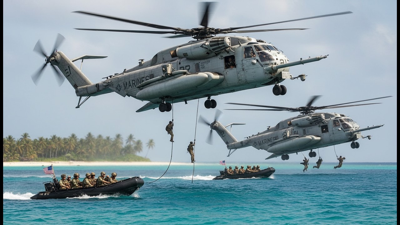 US Military Power Special Forces Water Drop from Heavy CH-53 Helicopters