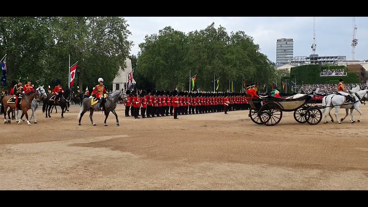 King Charles III inspects the troops at Trooping the Colour 2023.