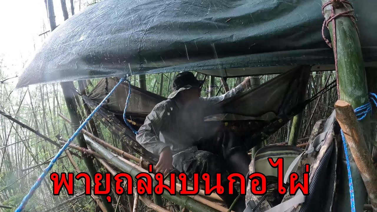 นอนเปลในป่าบนกอไผ่ พายุฝนถล่มหนักมาก ลมแรงพัดผ้าใบแทบปลิว Heavy Rain, Rainstorm and Thunderstorm