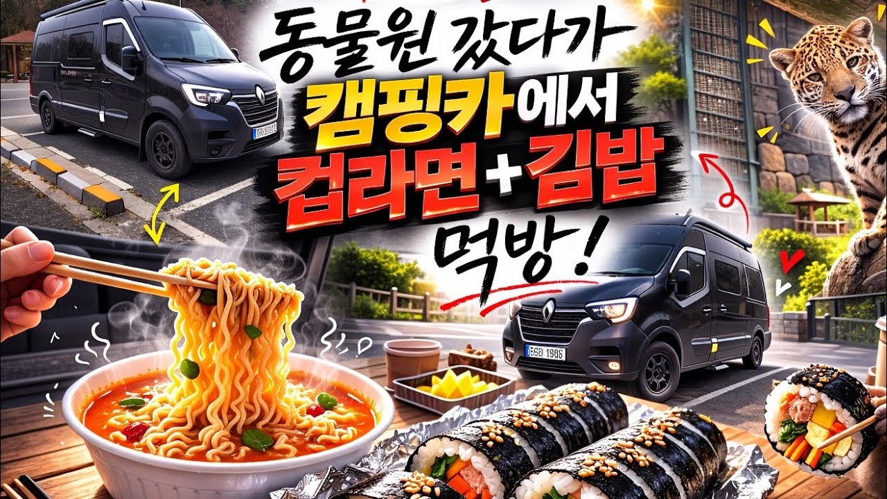 동물원 갔다가 캠핑카에서 컵라면 김밥먹어요