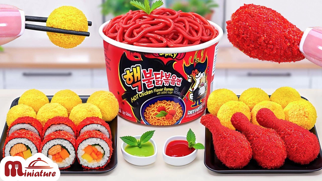 Лучшее комбинированное блюдо 🤩 Как приготовить мини-жареную курицу с острой лапшой булдак, кимбап...