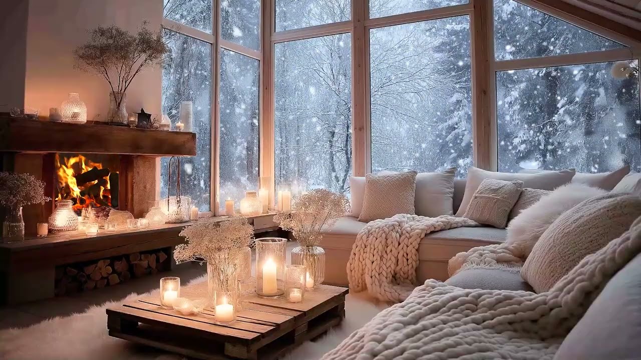 🔥🤍 Snowy Piano Lounge Ambience | Crackling Fireplace & Floral Touch | Deep Relaxation, Work
