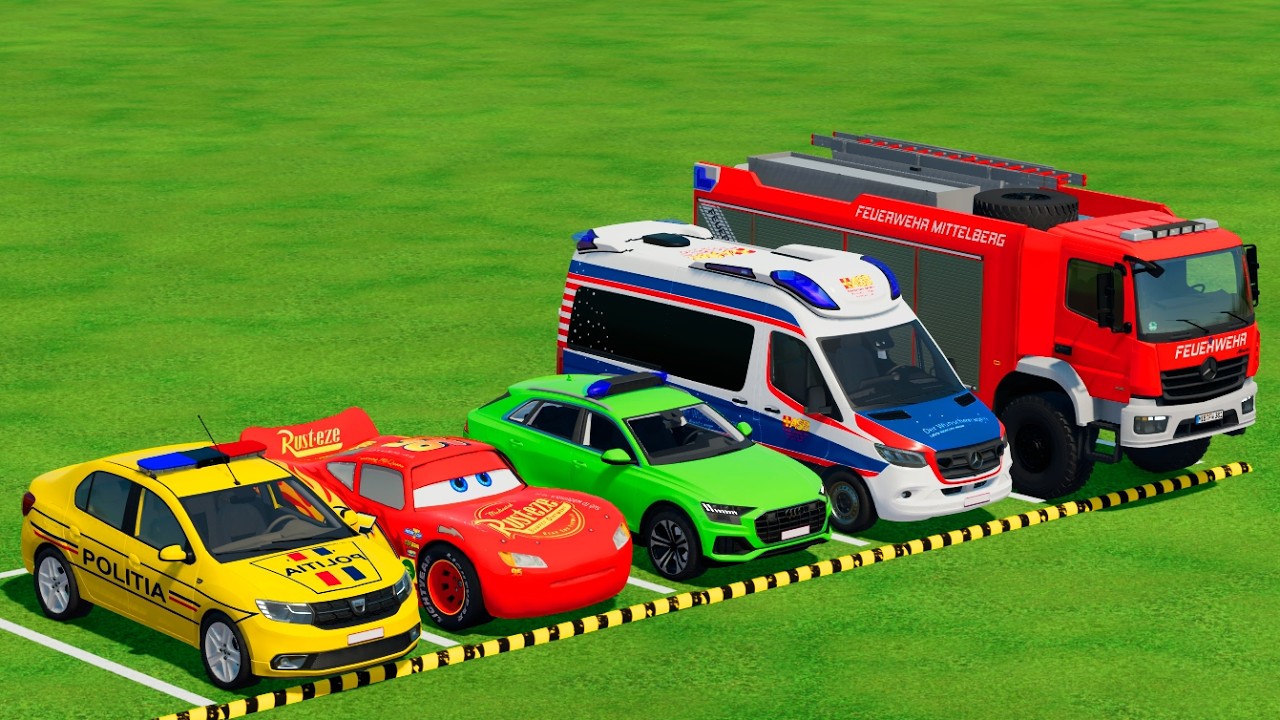 DACIA, MCQUEEN CAR, FORD POLICE CARS, AMBULANCE EMERGENCY TRANSPORTING WITH TRUCKS ! FS22 #3