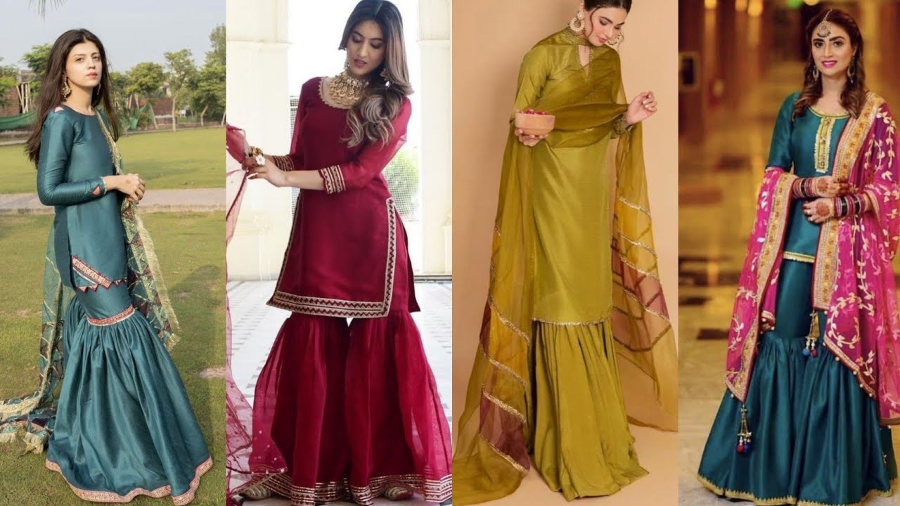 Sharara and grara suits with Plain febric// Lace work on sharara suits and grara suits