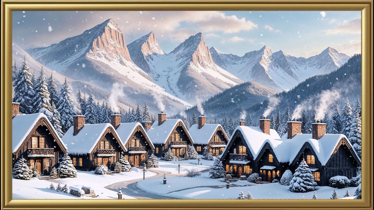 Cozy Wooden Cabins Winter Village Landscape Painting: Art Screensaver TV Wallpaper 4K