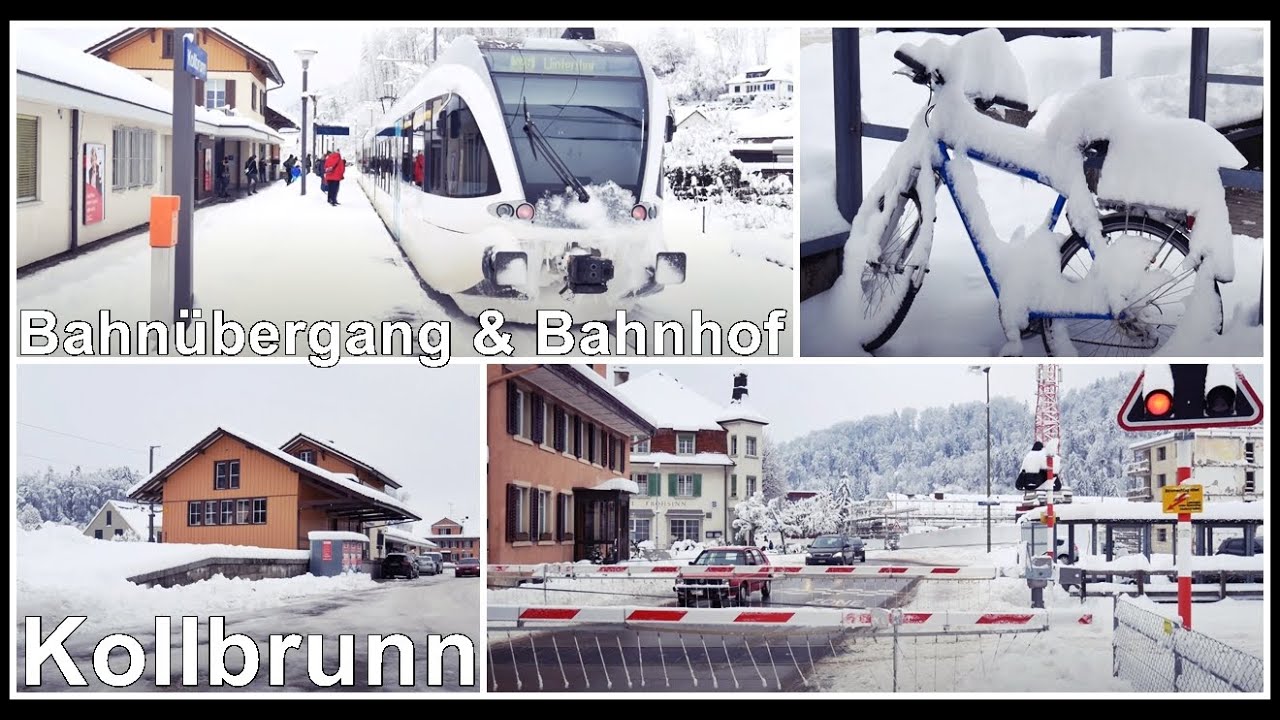 Sehr viel Schnee beim Bahnübergang und Bahnhof Kollbrunn, Kanton Zürich, Schweiz 2021