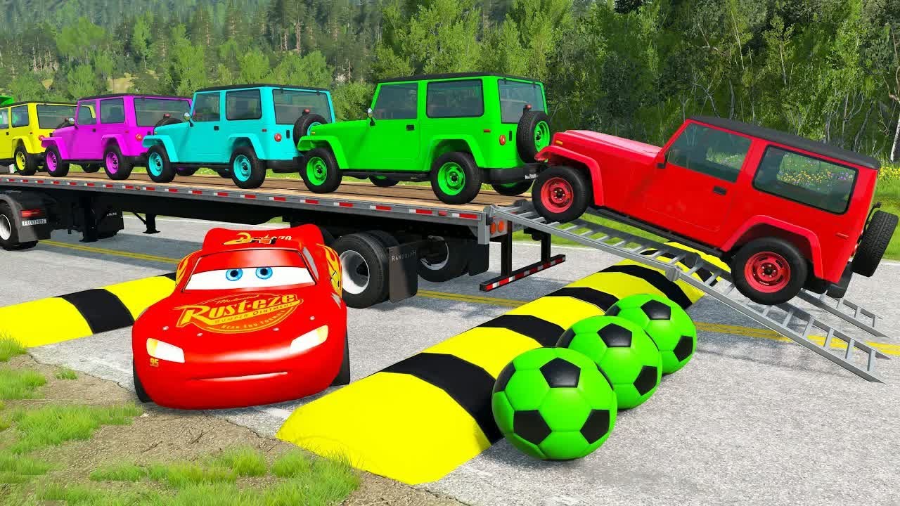 Flatbed Trailer McQueen Transportation with Truck - Speedbumps vs Cars vs Train - BeamNG.Drive #29