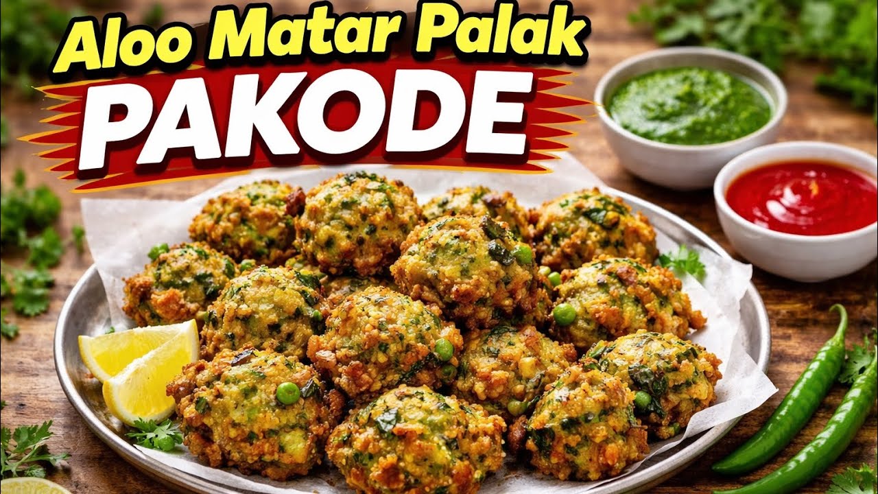 Crispy Aloo Matar Palak Pakode | Easy & Tasty Evening Snack RecipeAloo Matar Palak ke Kurkure Pakode